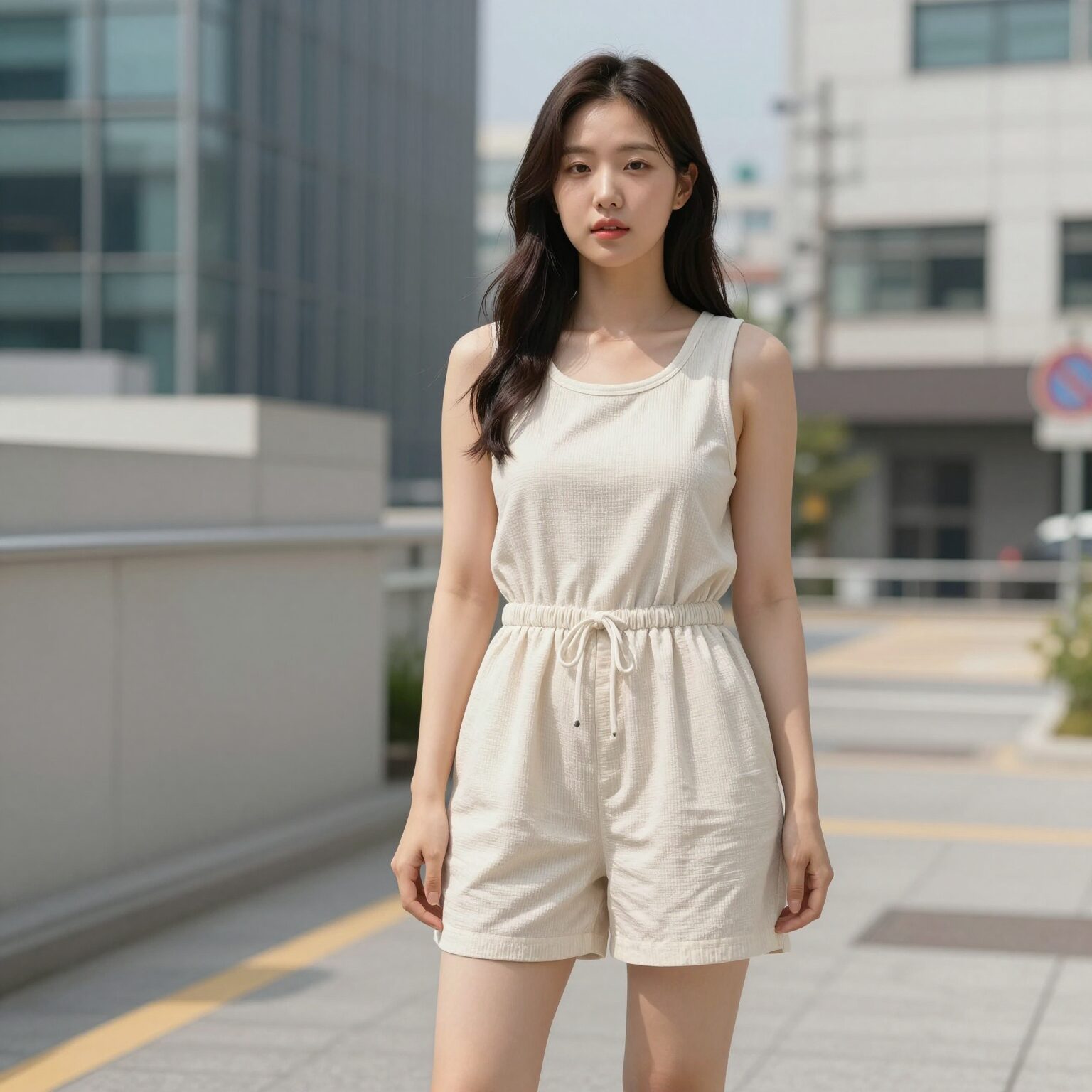 여름에 편안한 점프슈트 반바지 모델 착용 사진