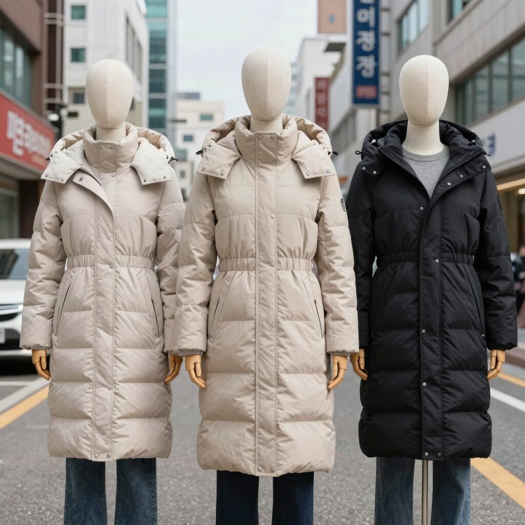 여름 매장에서 진열된 역시즌 롱패딩 모습