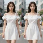 여름 미니 원피스를 입고 있는 모습, 오프숄더와 A라인 스타일 비교
