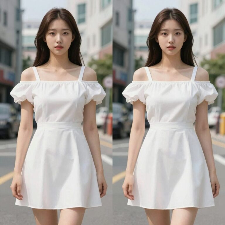 여름 미니 원피스를 입고 있는 모습, 오프숄더와 A라인 스타일 비교