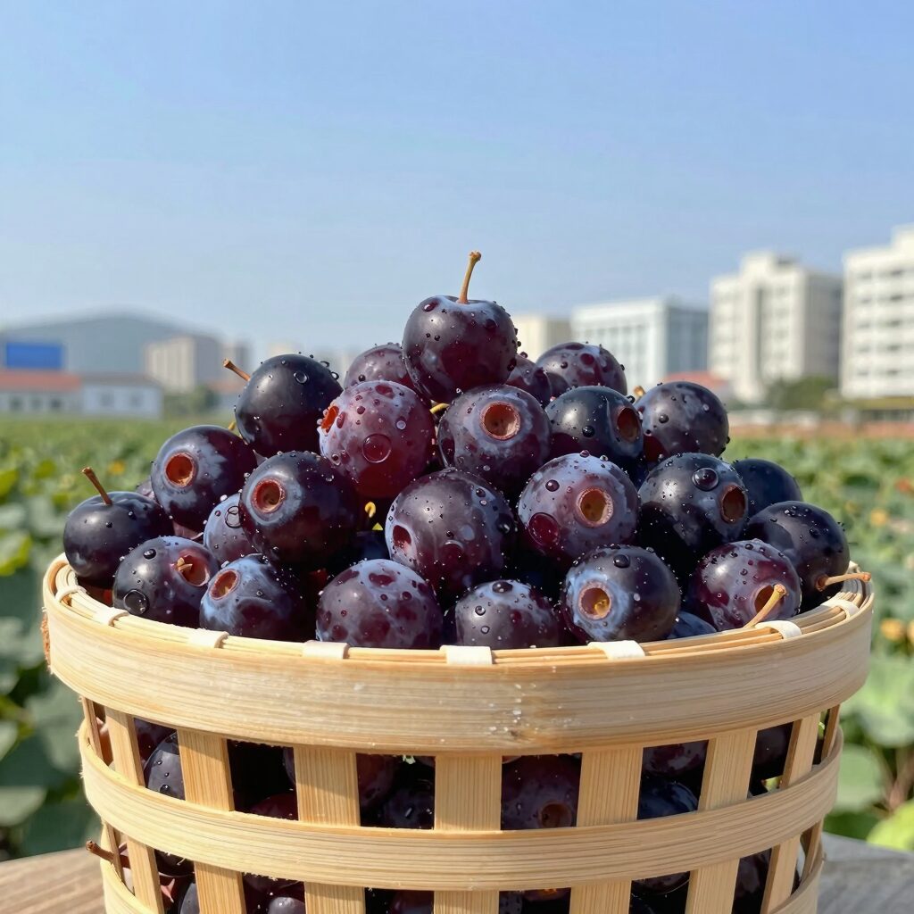신선한 자두가 바구니에 담겨 있는 모습