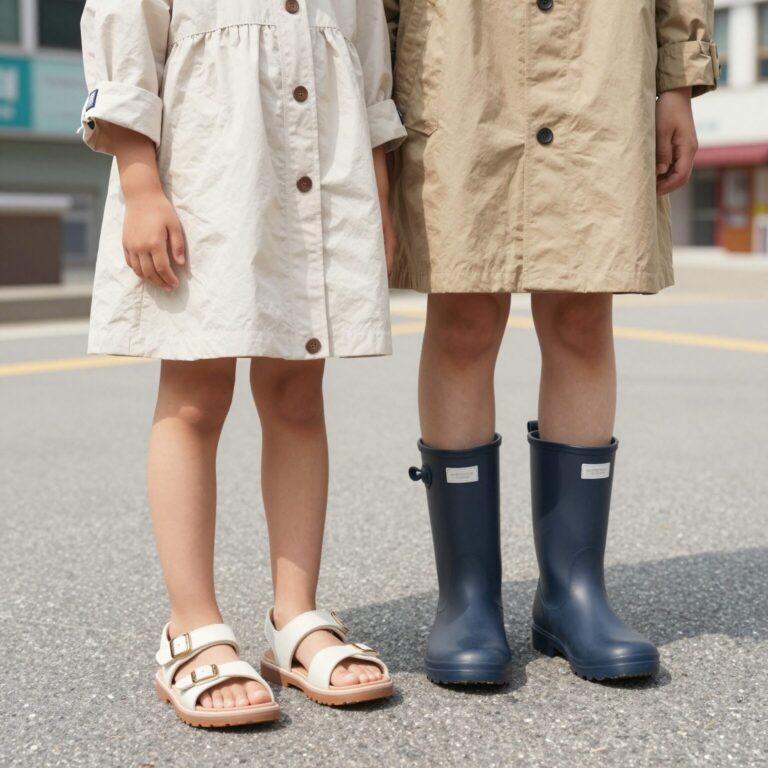 여름 장화 코디 예시로 아이가 밝은 색 장화와 레인코트를 입고 있는 모습과 성인이 숏 레인부츠를 반바지와 매치한 스타일을 보여준다