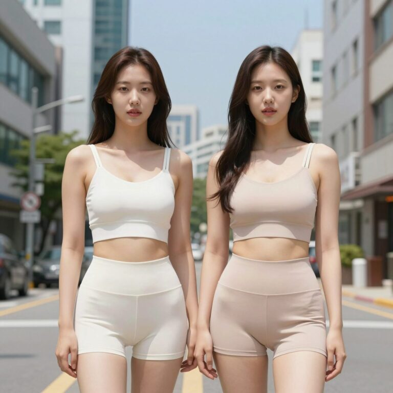 여성 면반바지와 브라탑을 매치한 여름 코디