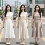 세 가지 여름 휴가 원피스 스타일 비교 사진, 반팔 니트, 캉캉 플레어, 텐셀 끈나시