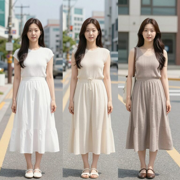 세 가지 여름 휴가 원피스 스타일 비교 사진, 반팔 니트, 캉캉 플레어, 텐셀 끈나시