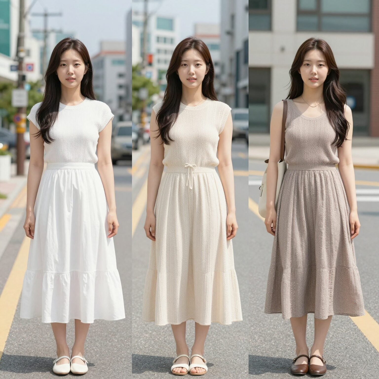 세 가지 여름 휴가 원피스 스타일 비교 사진, 반팔 니트, 캉캉 플레어, 텐셀 끈나시