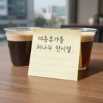 여름휴가 인사말 상황별 문자 모음 여름휴가를 떠나기 전 동료와 나누는 인사말을 적은 메모지와 함께 커피잔이 놓인 테이블 사진