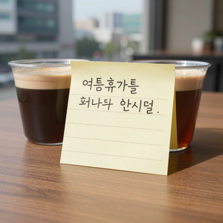 여름휴가를 떠나기 전 동료와 나누는 인사말을 적은 메모지와 함께 커피잔이 놓인 테이블 사진