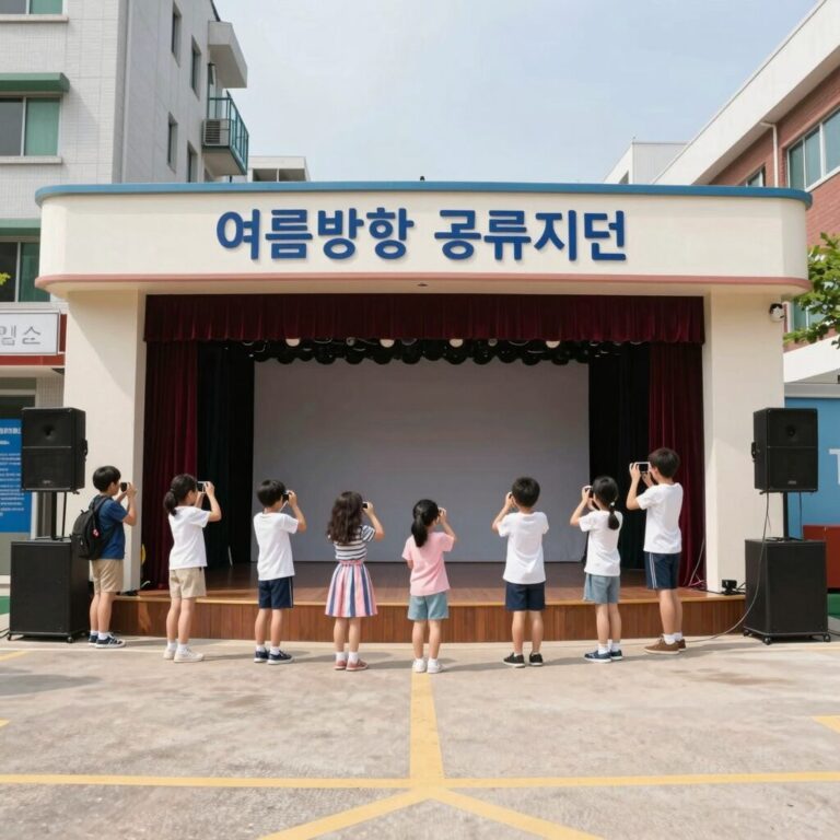 여름방학 어린이 뮤지컬 공연장 입구에서 아이들이 포토존에서 사진을 찍고 있는 모습