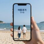 여름휴가 인사말 문구를 전하는 스마트폰 문자 화면과 바다 풍경이 어우러진 이미지