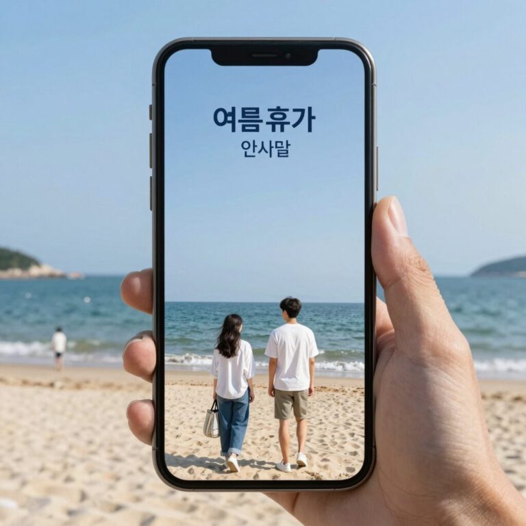 여름휴가 인사말 문구를 전하는 스마트폰 문자 화면과 바다 풍경이 어우러진 이미지