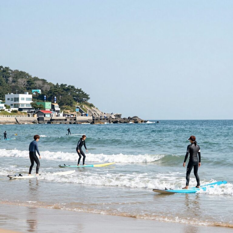 휴가철 가볼만한 곳 강릉 경포대 해변에서 서핑을 즐기는 사람들