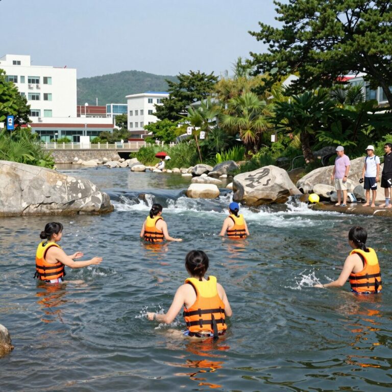 가평 도대리 용소폭포에서 구명조끼 착용하고 물놀이하는 방문객들의 모습