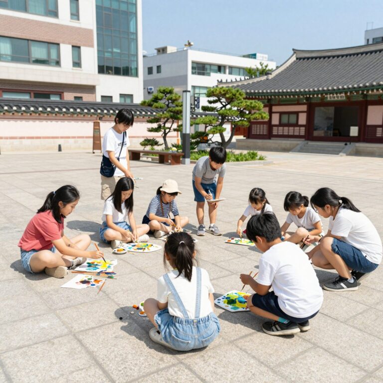 아이들이 여름 수채화를 즐기는 모습