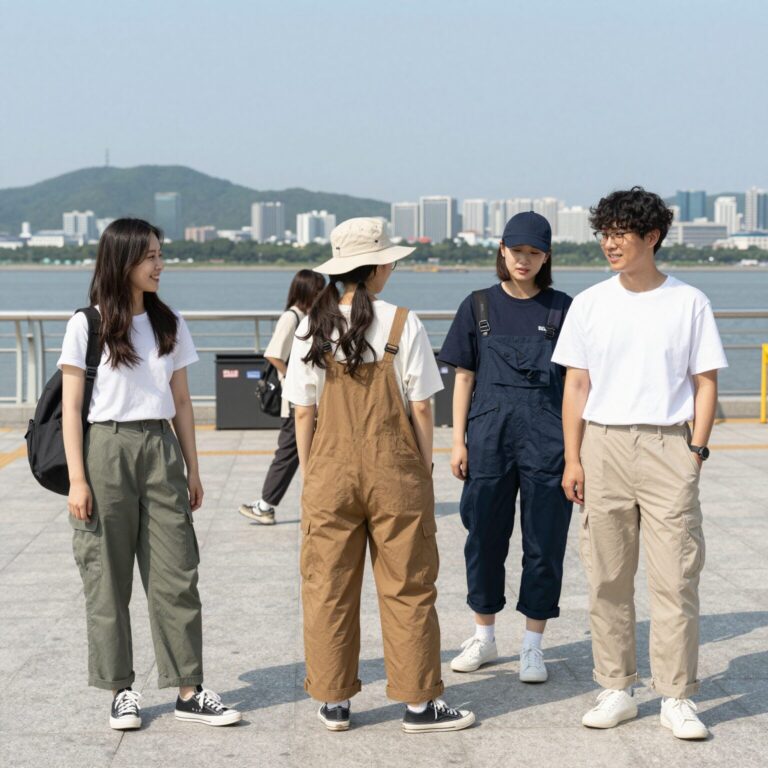 워크업 김포한강점에 진열된 다양한 여름 작업복 바지 제품들