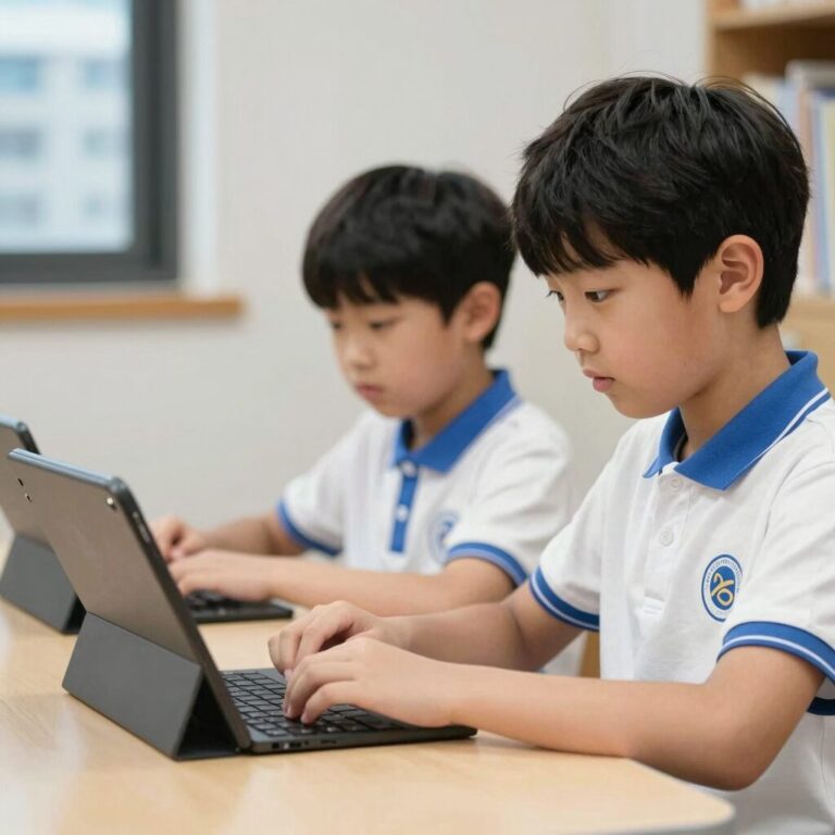초등학생이 집에서 태블릿으로 영어 학습하는 모습, 방학 중 루틴 유지