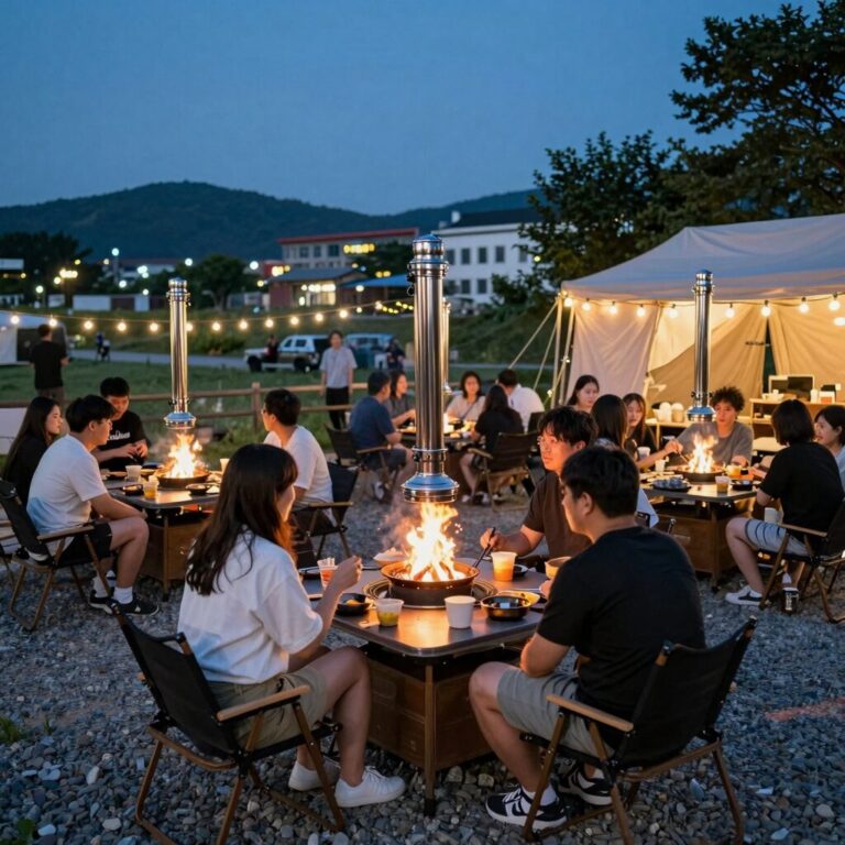 가평 썸머플레이스 야외 바베큐장 모습, 숯불 그릴과 테이블이 놓여 있고 밤에는 조명이 켜져 있음