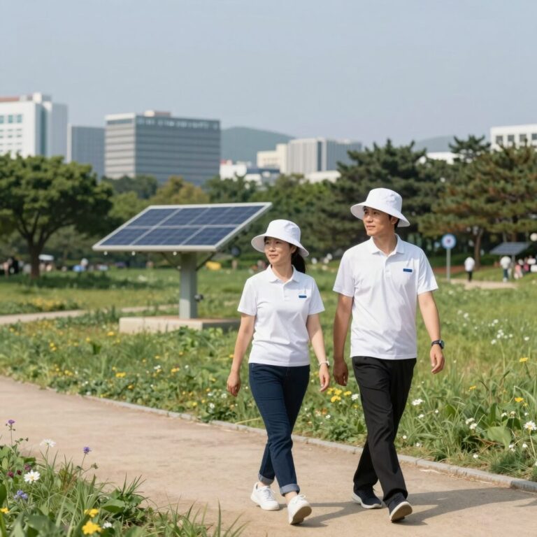 태양광 선풍기 모자를 착용하고 공원 산책하는 모습