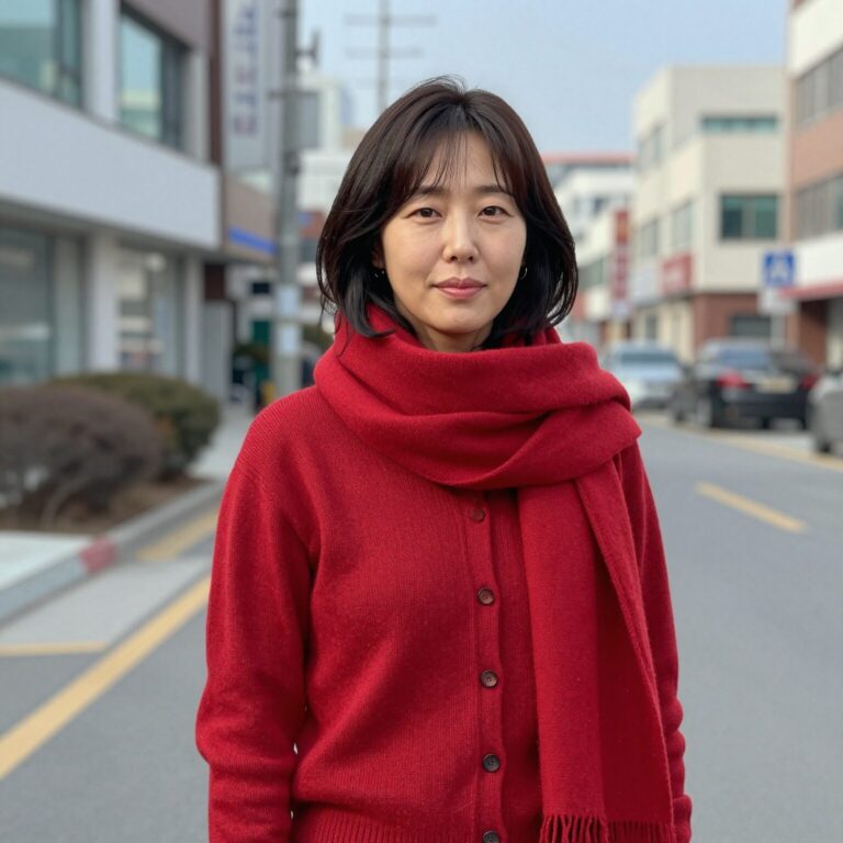 선혜윤 PD가 붉은 니트와 에르메스 스카프를 매치한 편안한 스타일