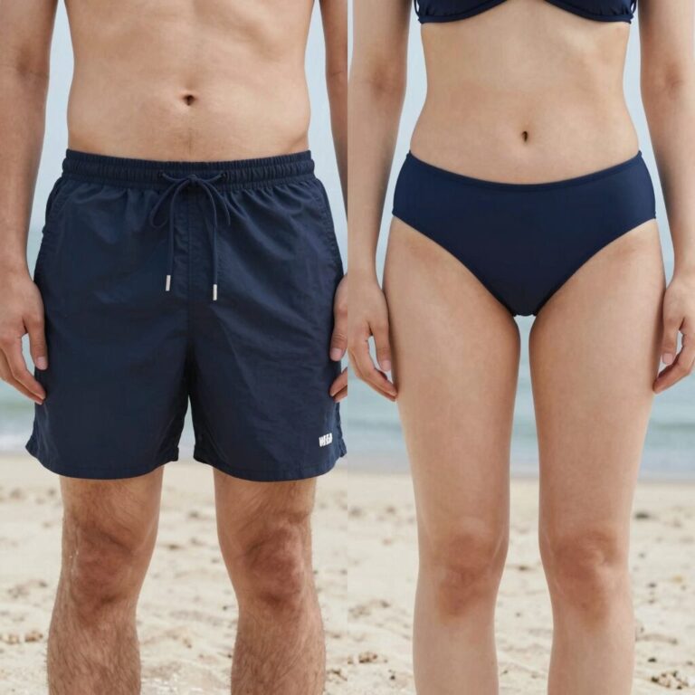 수영복 바지 길이감 비교 사진으로 보드숏과 스윔팬츠의 차이를 보여줌