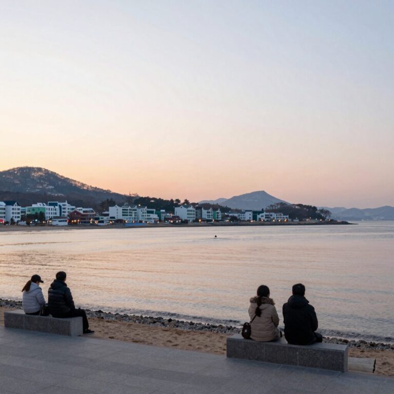 겨울 아침 거제 더비치펜션빌리지에서 바라본 일출 파노라마 뷰