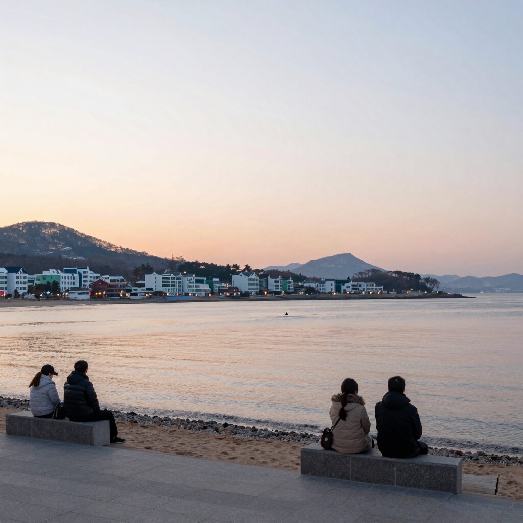 겨울 아침 거제 더비치펜션빌리지에서 바라본 일출 파노라마 뷰