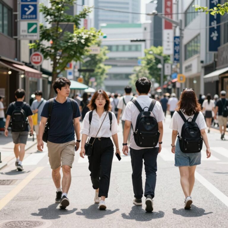 도쿄 8월 무더운 날씨에 양산을 쓴 관광객들이 시부야 거리를 걷는 모습