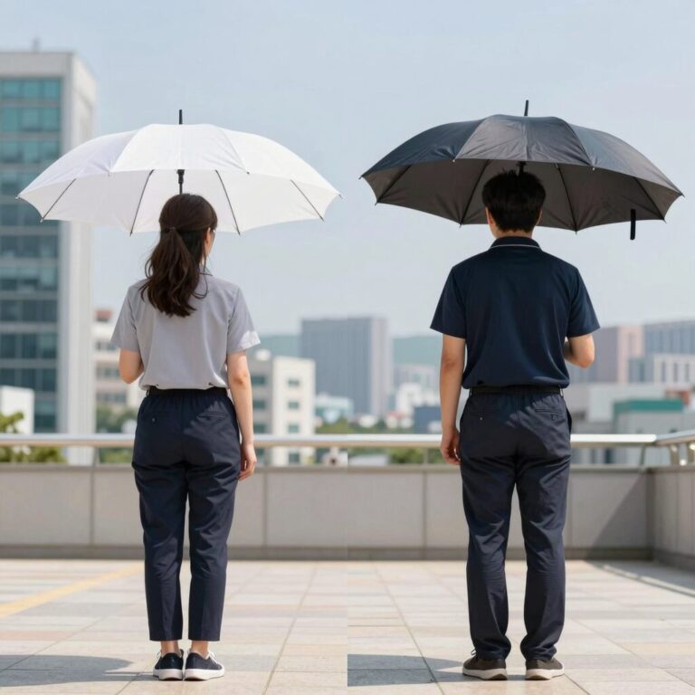 양산과 우산을 나란히 놓고 자외선 차단, 방수 기능, 소재 차이를 설명하는 비교 이미지