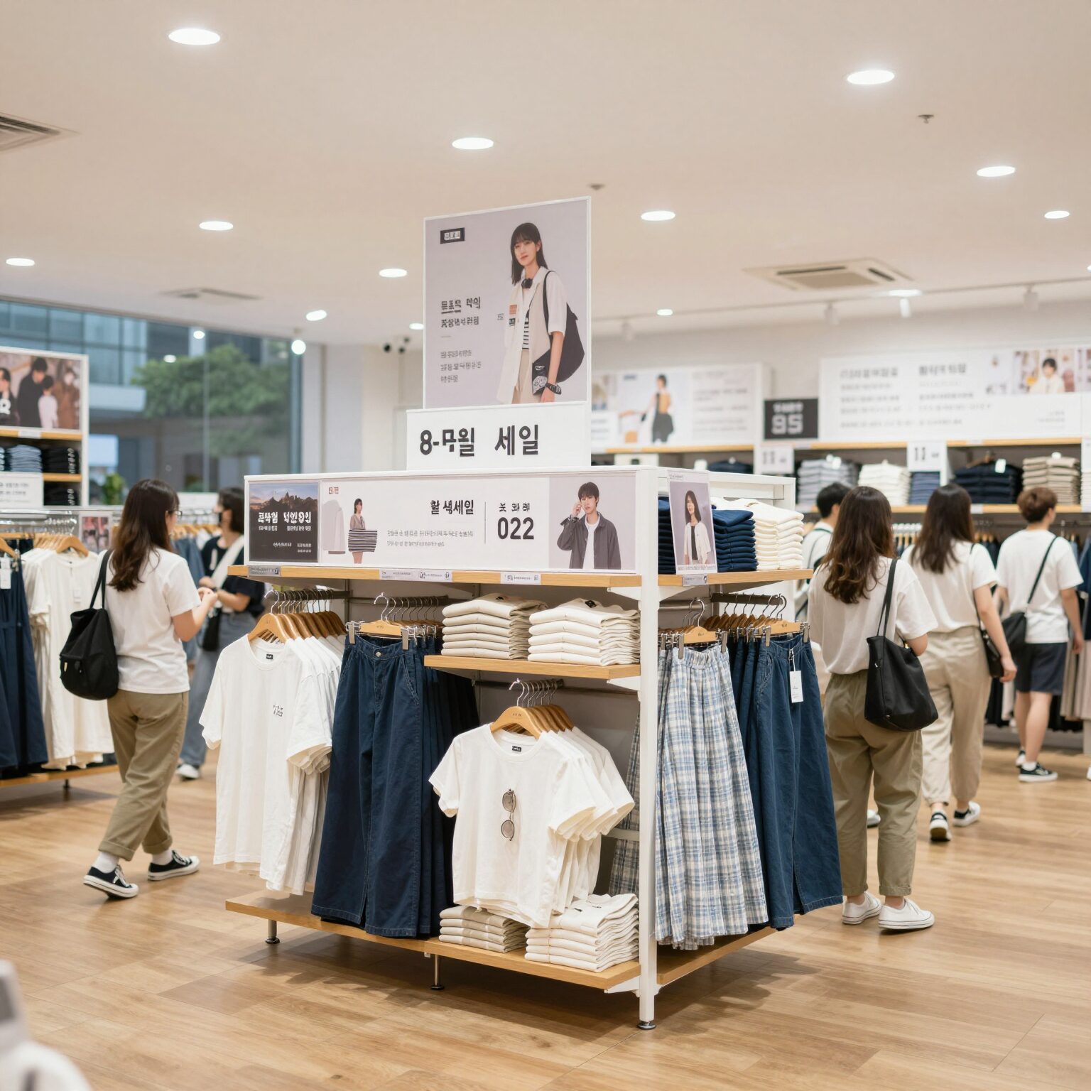 유니클로 매장에서 8월 세일 코너에 진열된 다양한 여름 아이템들