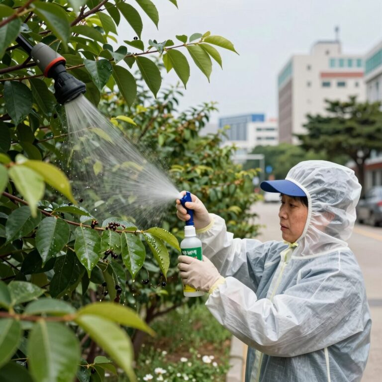 미국 선녀벌레 방제약을 나무에 살포하는 모습. 작업자가 보호복을 입고 있으며 약액이 나뭇잎에 고르게 묻도록 주의하고 있다.