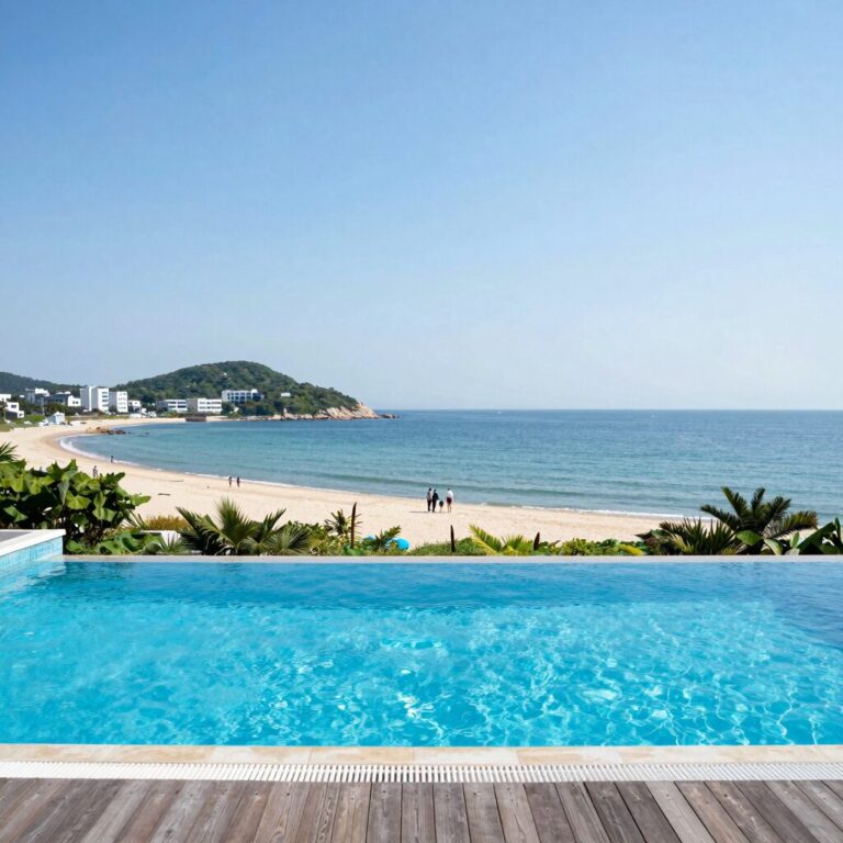 완도 풀빌라에서 바라본 오션뷰와 개인 수영장 전경