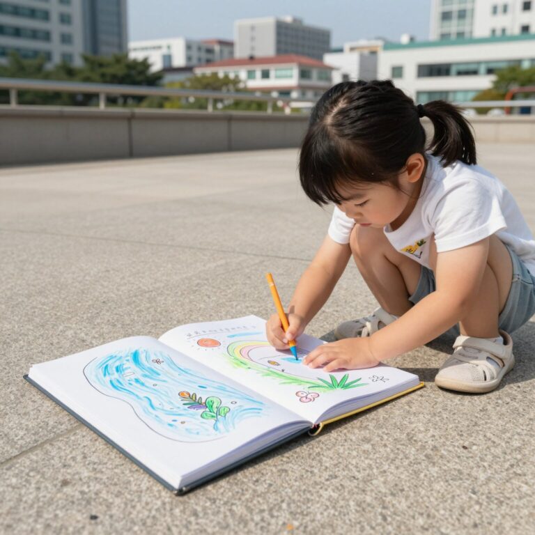 아이가 워터스케치북으로 물놀이 그림을 그리고 있는 모습