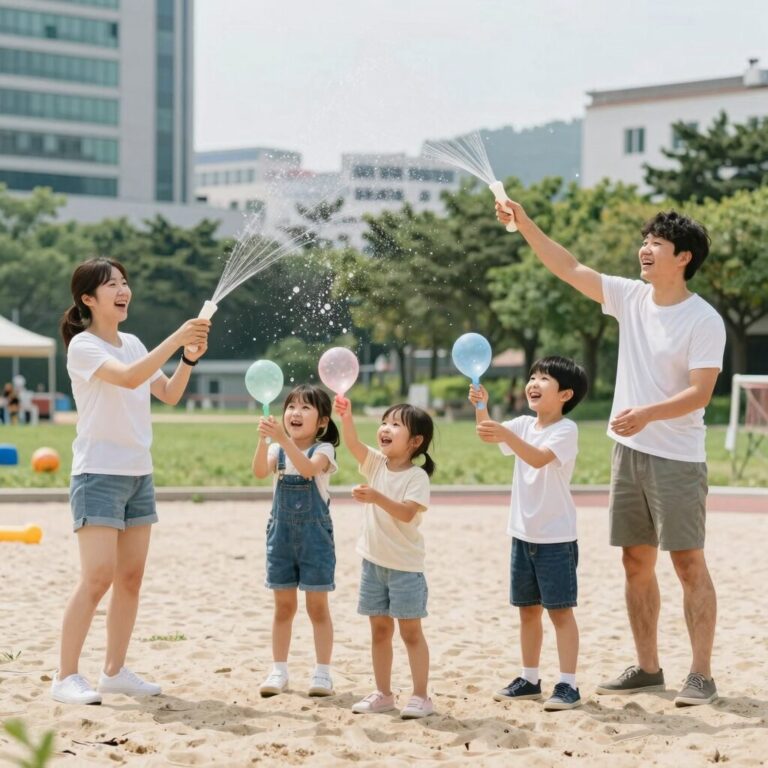 여름 물놀이 게임 중 물풍선 터뜨리기를 즐기는 가족들의 웃는 모습