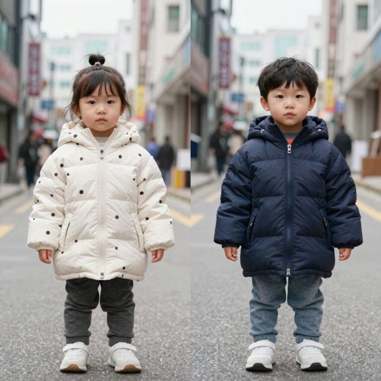 유아 퍼들점퍼와 암링자켓 착용 모습 비교 사진
