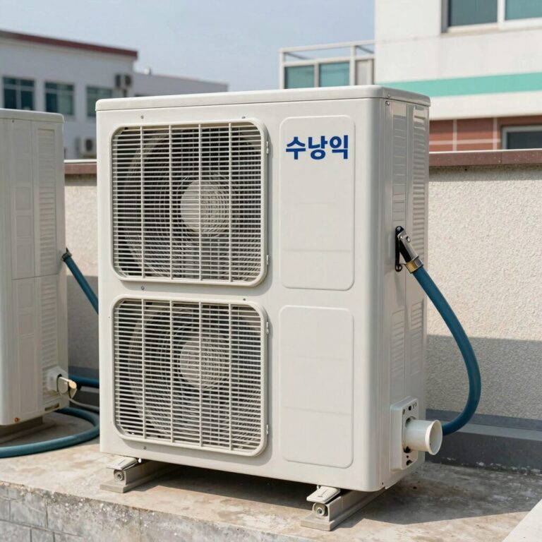 수냉식 에어컨 실내기와 급수 배수 호스 연결 모습