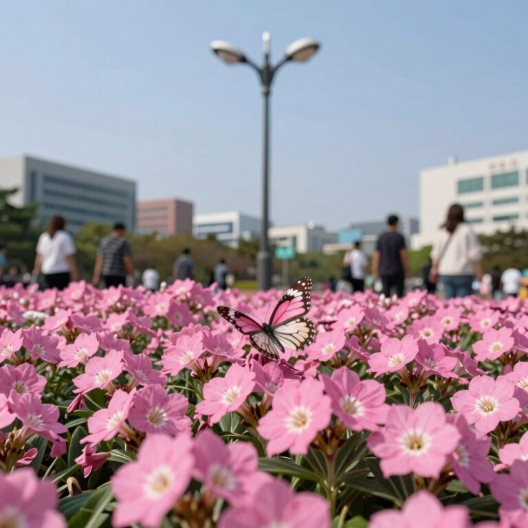 가로등 불빛 아래 핀 분홍색 풍접초꽃 사진 수술이 길게 뻗어 나비 모양을 이룸
