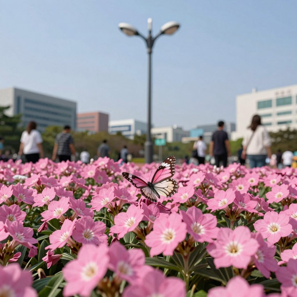 가로등 불빛 아래 핀 분홍색 풍접초꽃 사진 수술이 길게 뻗어 나비 모양을 이룸