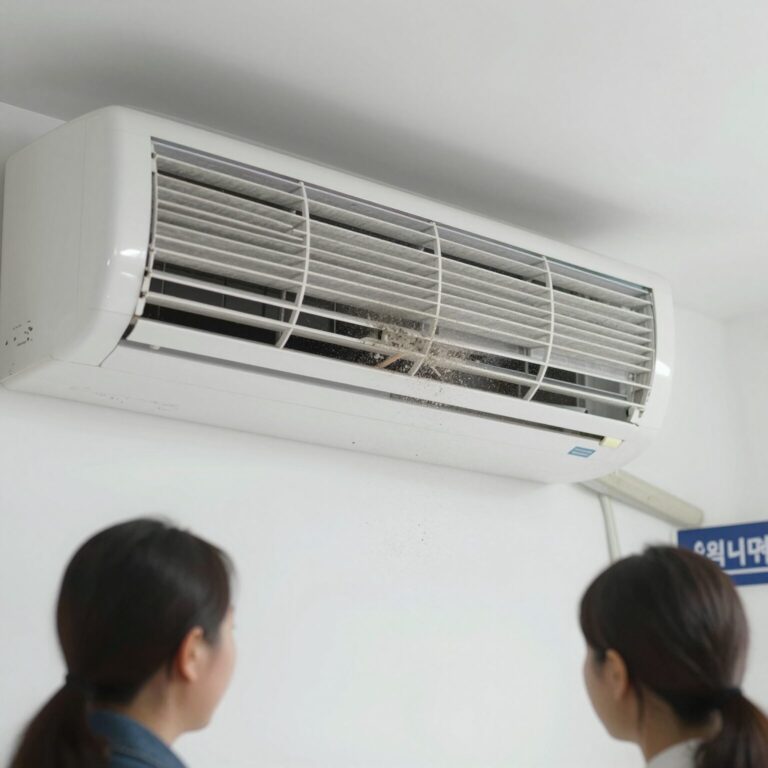 위니아 에어컨 필터에 쌓인 먼지와 이물질 모습