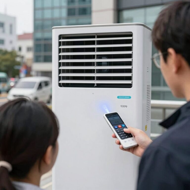스마트폰 카메라로 위니아 에어컨 리모컨의 적외선 발광 여부를 확인하는 모습