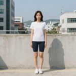 여자 트레이닝 반바지 코디 여름 스타일링 여름에 여자 트레이닝 반바지를 입고 흰 티셔츠와 스니커즈로 캐주얼하게 스타일링한 모습