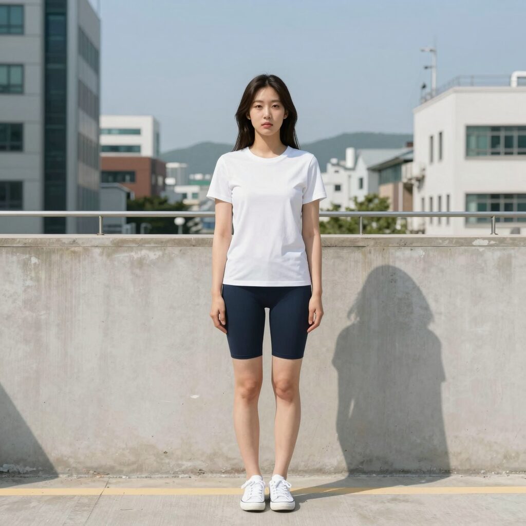 여름에 여자 트레이닝 반바지를 입고 흰 티셔츠와 스니커즈로 캐주얼하게 스타일링한 모습
