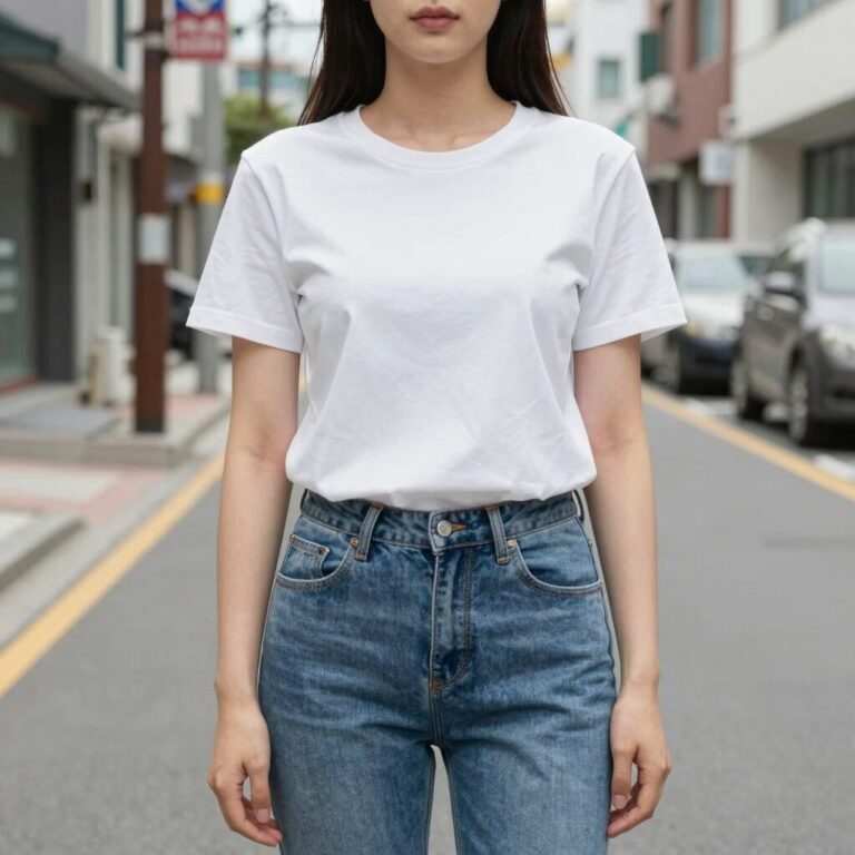 여자 기본 반목 흰색 민소매 티셔츠를 입고 청바지와 매치한 데일리룩