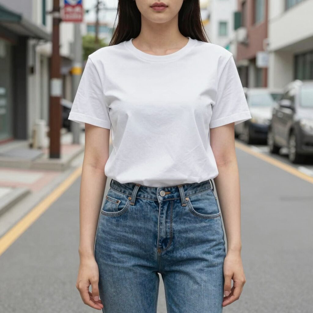 여자 기본 반목 흰색 민소매 티셔츠를 입고 청바지와 매치한 데일리룩