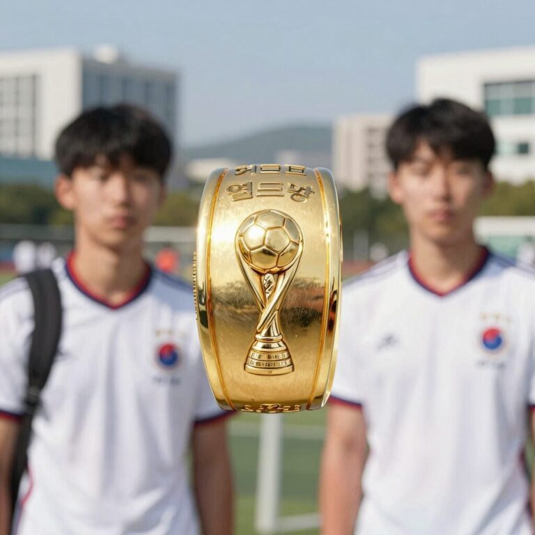 월드컵 우승 반지의 실제 모습, 골드 반지에 축구공과 월드컵 트로피 문양이 새겨져 있음