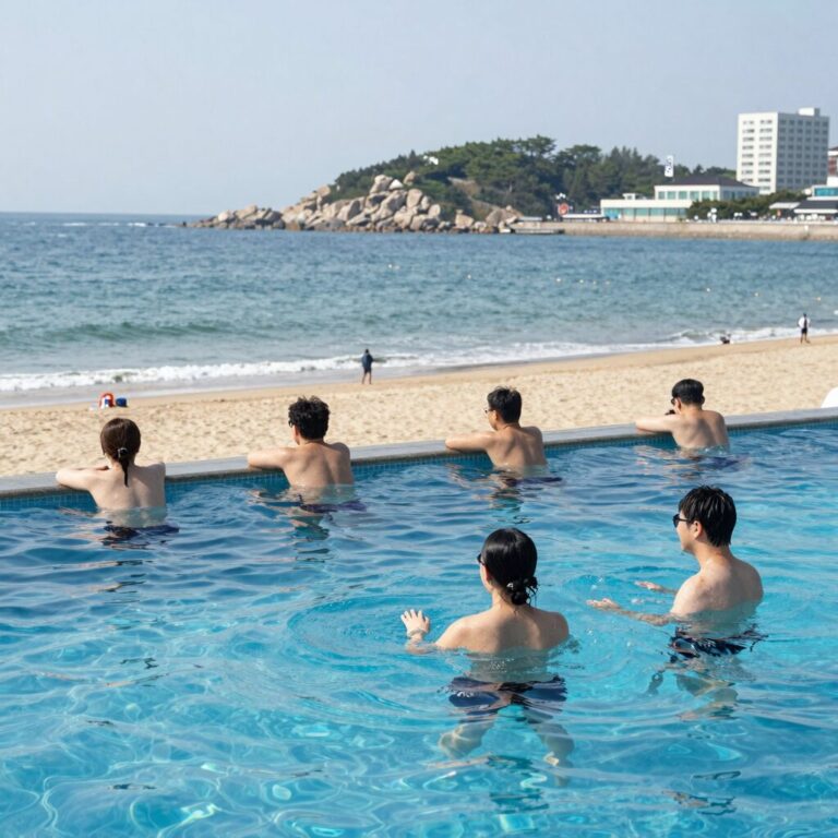 양양 쏠비치 오션플레이 야외풀에서 바다를 바라보며 물놀이하는 모습