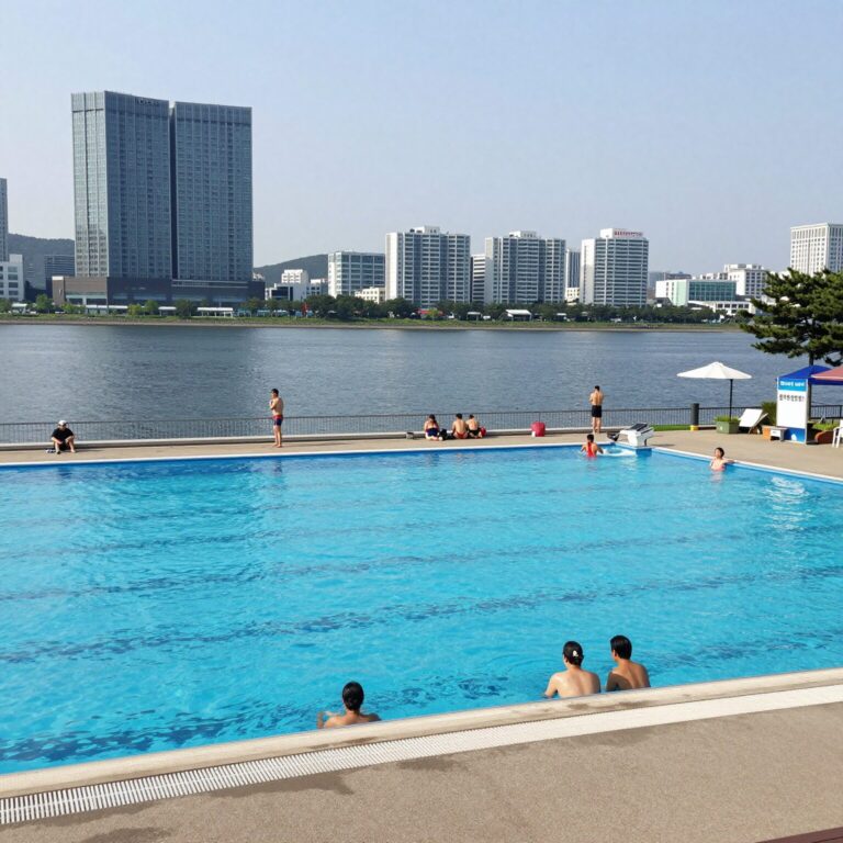 여의도 한강 수영장 전경, 한강과 도심을 배경으로 한 수영장 모습