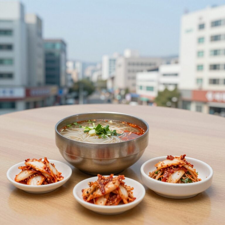 여의도 진주집 콩국수 그릇과 김치 접시가 테이블 위에 놓여 있는 모습