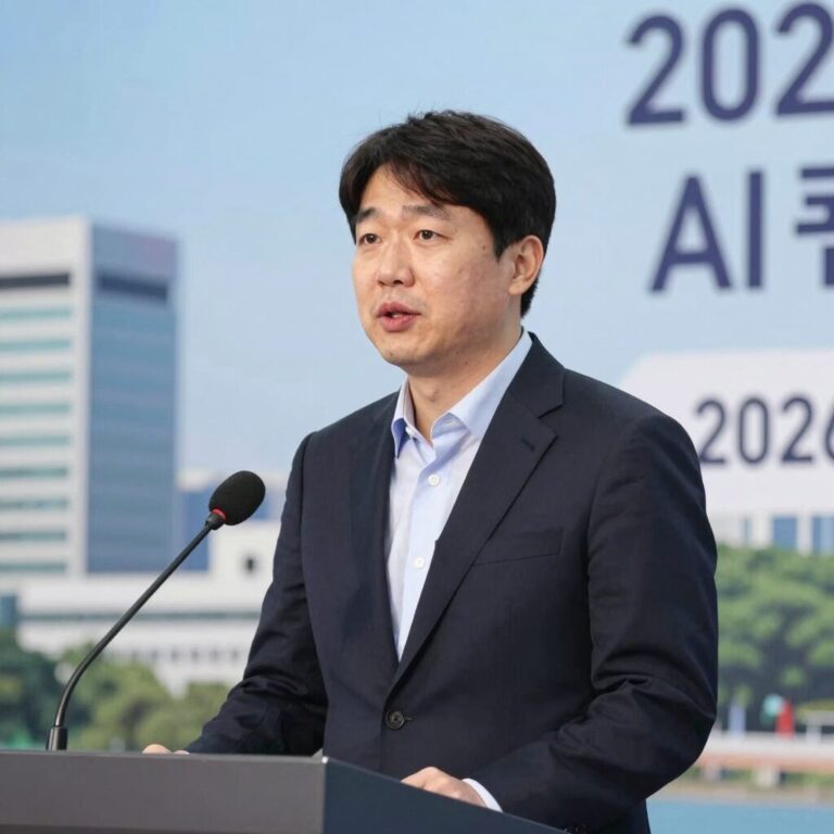 윤성은대표가 2026 글로벌 AI 컨퍼런스에서 기조연설하는 모습