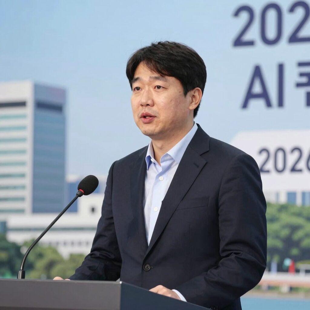 윤성은대표가 2026 글로벌 AI 컨퍼런스에서 기조연설하는 모습