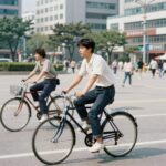 1980년대 여의도 광장에서 자전거를 타고 있는 젊은 시절의 가수 전영록